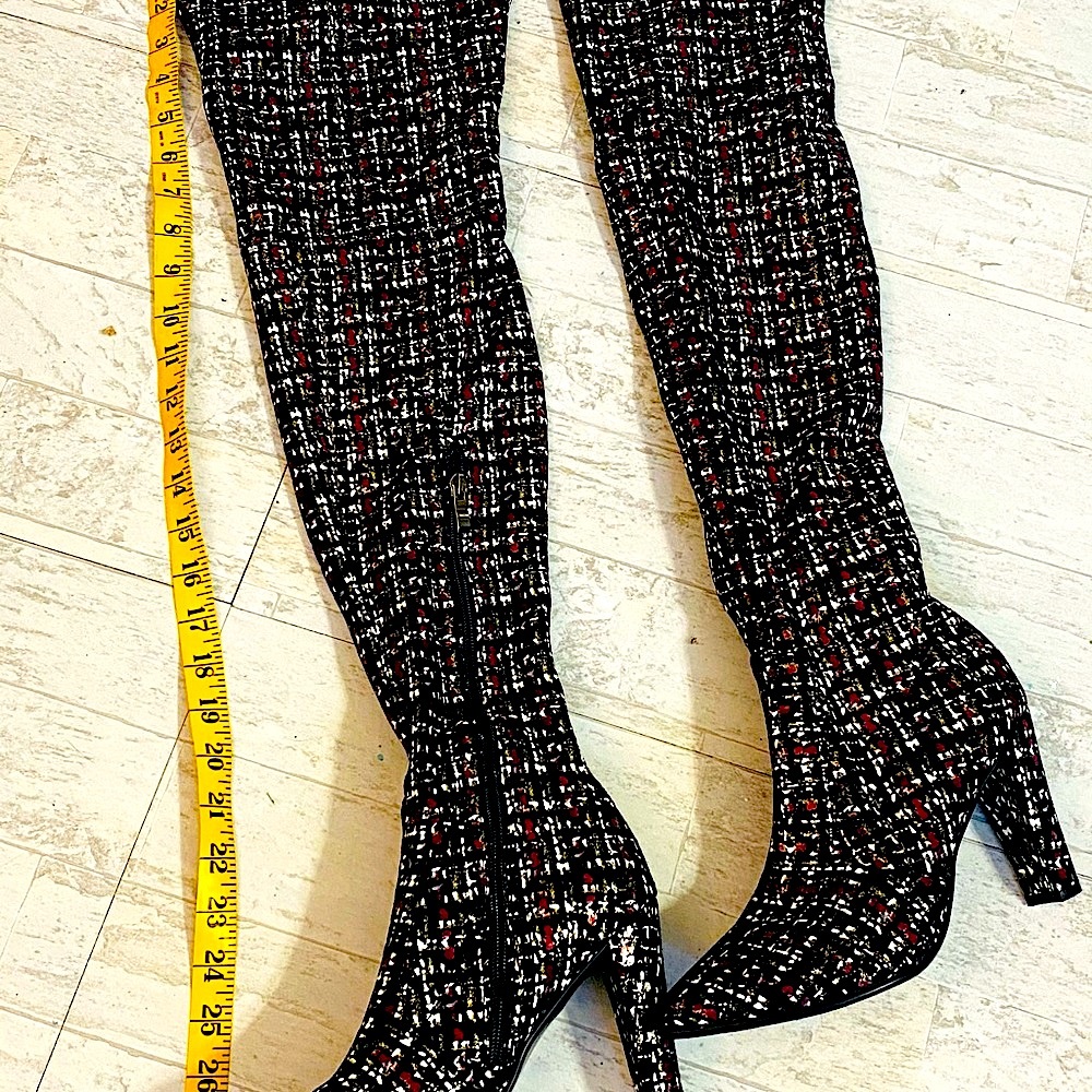 Red, black & white with gold  over the knee boots